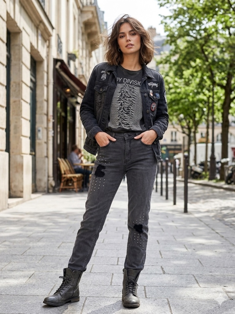 bebe Black Washed Boyfriend Jeans with Stud Detail